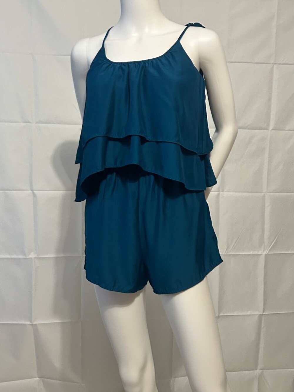 Forever 21 Teal Tiered Ruffle Romper Size Small Adjustable Tie Straps